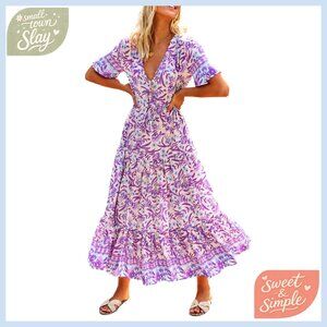 Summer Floral Print Cotton Rayon Midi Dress Short Sleeve V Neck